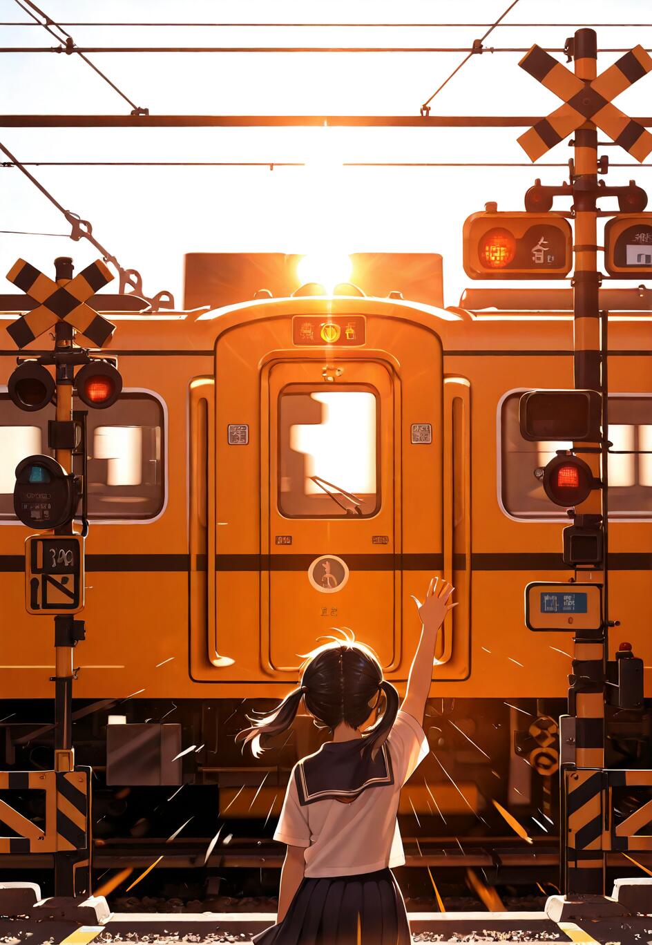An anime-style illustration of a schoolgirl in a sailor uniform with black pigtails, seen from behind, waving at an orange train at a railroad crossing under a setting sun.