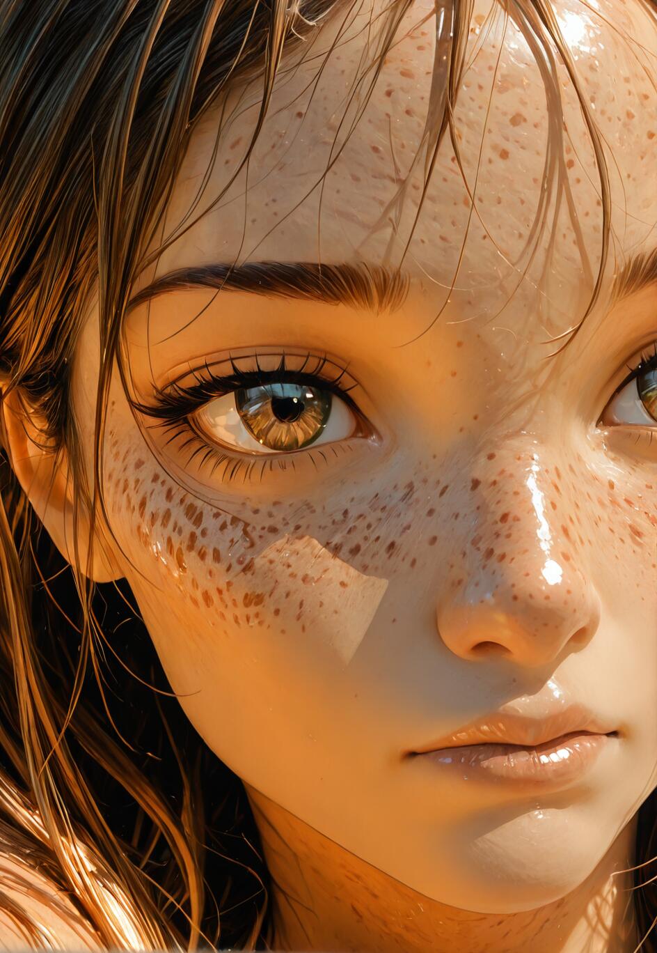 A close-up artistic portrait of a young woman's face with large hazel eyes, prominent freckles, and wet brown hair. She is bathed in warm, golden sunlight, giving her skin a dewy glow.