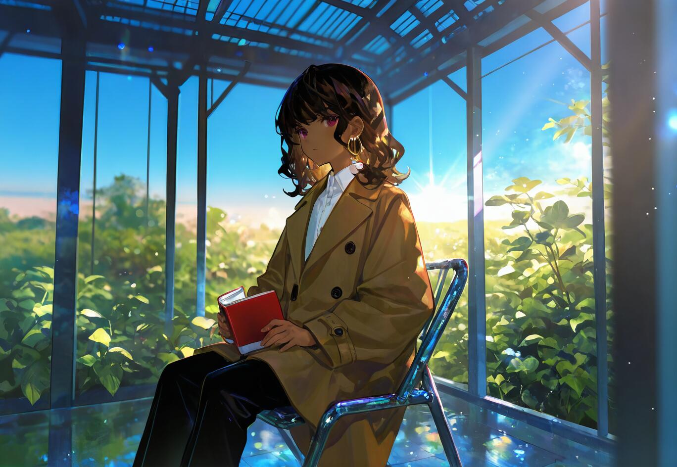 An anime-style illustration of a young woman with dark skin and a brown coat, sitting on a metal chair inside a sunny greenhouse and holding a red book.