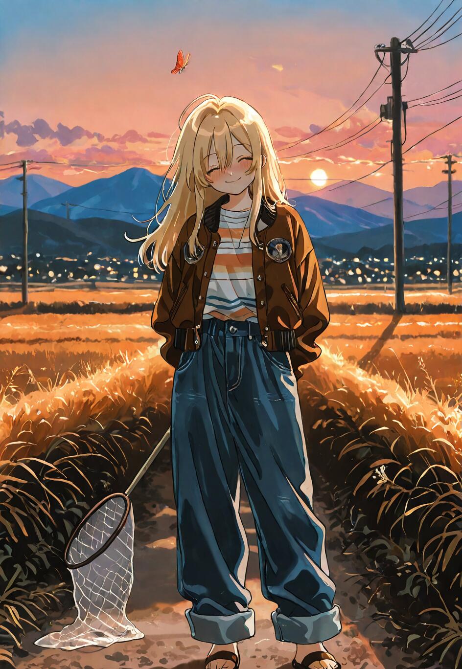 An anime-style illustration of a smiling blonde girl in a brown bomber jacket and baggy jeans, standing on a path in a golden paddy field at sunset, holding a butterfly net.