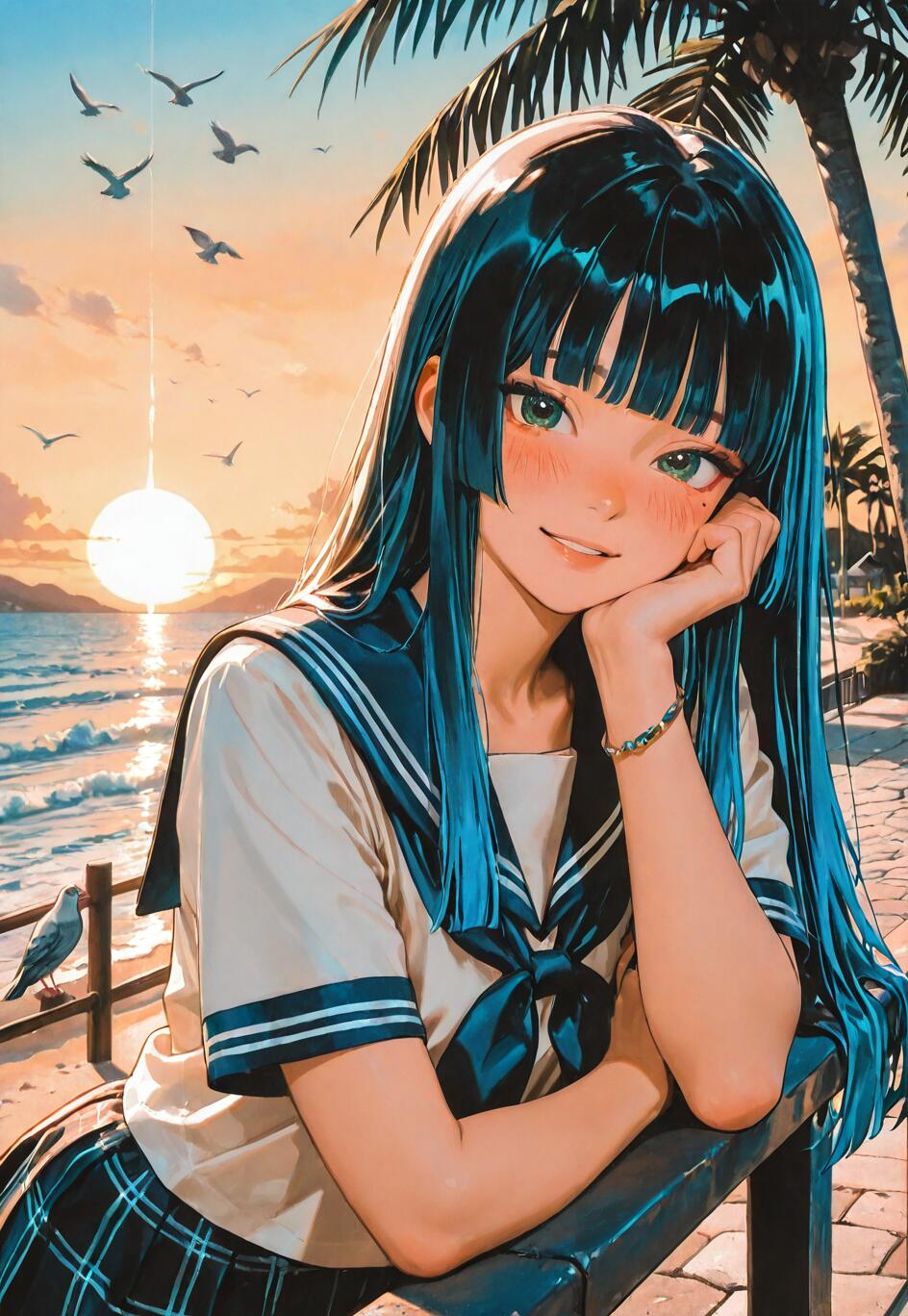 An anime-style girl with long blue hair and green eyes, wearing a sailor school uniform, leans on a railing and smiles. The background is a beautiful beach scene with a setting sun, palm trees, and birds flying in the sky.