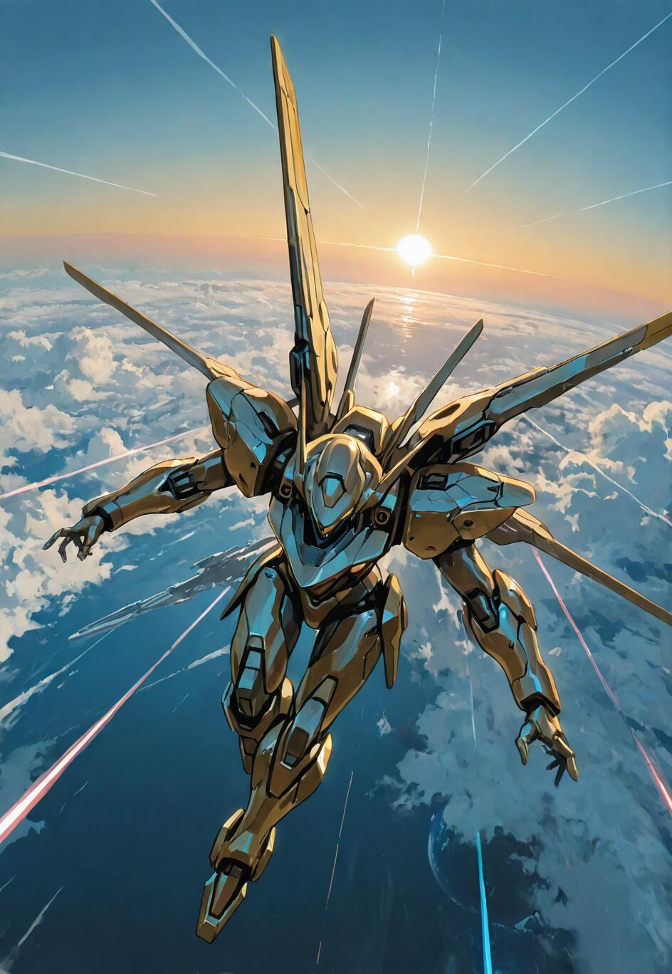 A sleek, golden-armored mecha with multiple wings flies high above a sea of clouds at sunrise, with a planet visible below and streaks of light in the sky.