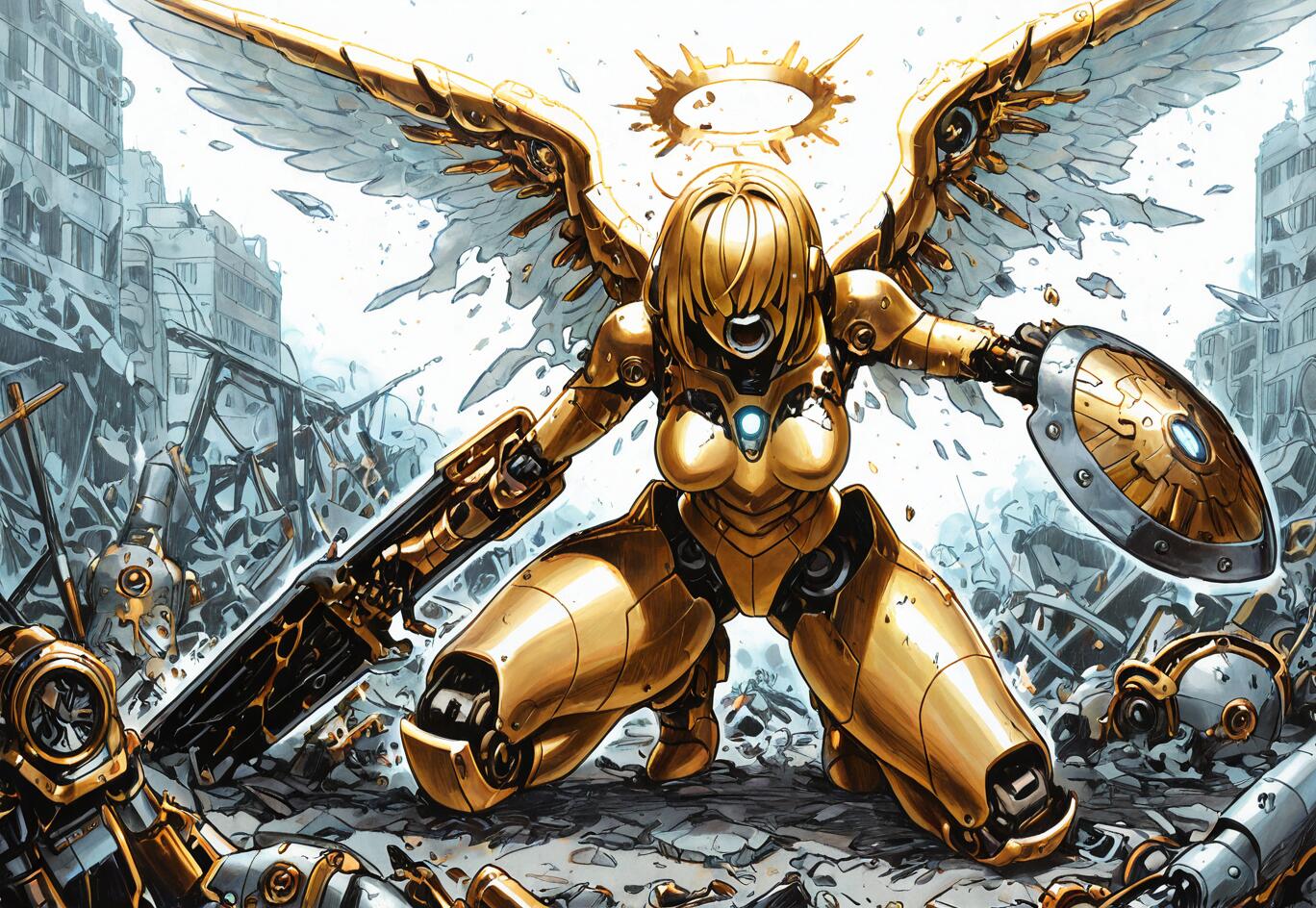 A golden female robot with large angel wings and a halo kneels on one knee in a ruined city, holding a large gun and a shield amidst the wreckage of other robots.