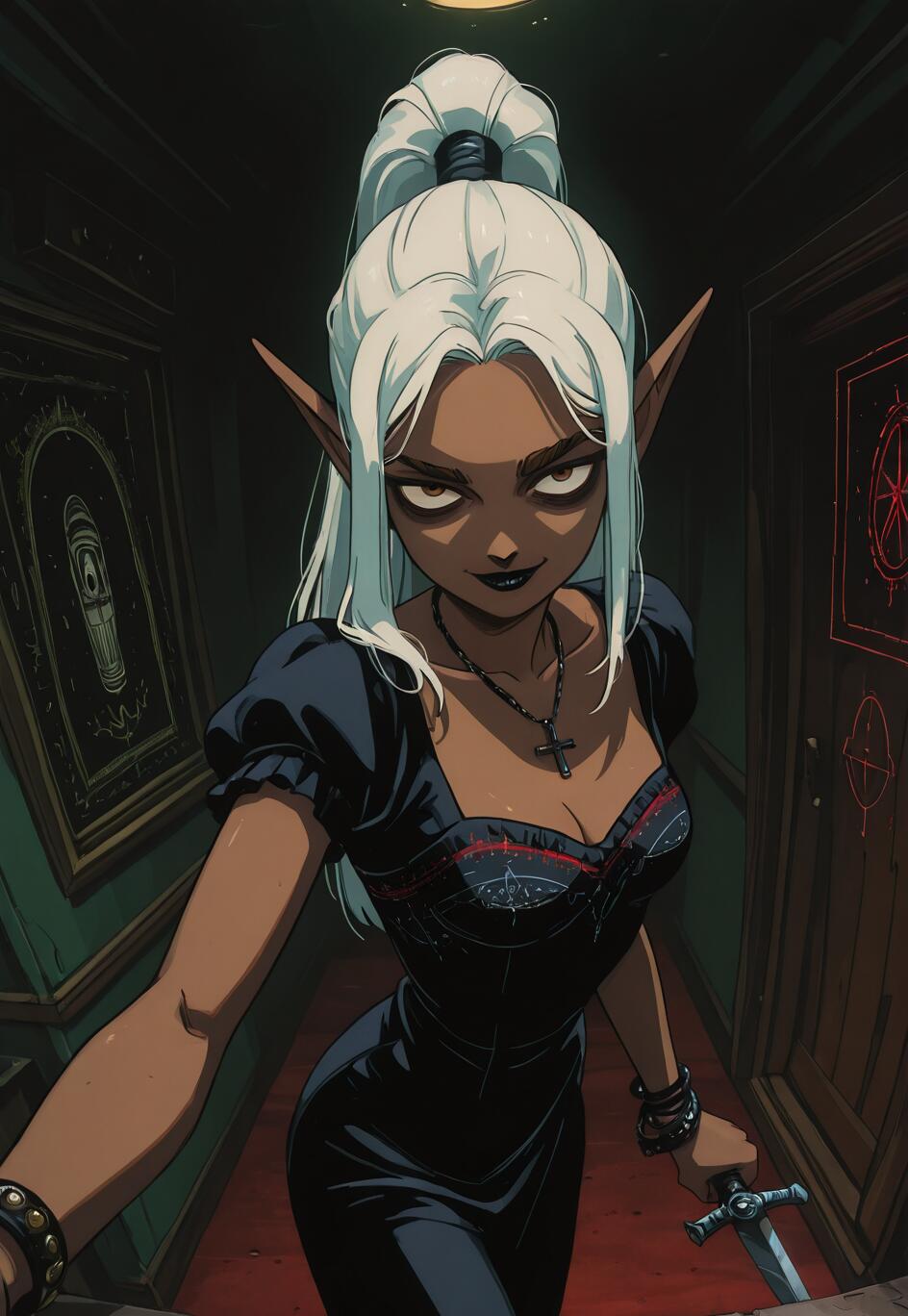 An illustration of a dark-skinned elf with white hair in a ponytail, smirking menacingly as she walks down a dark, haunted hallway holding a dagger.