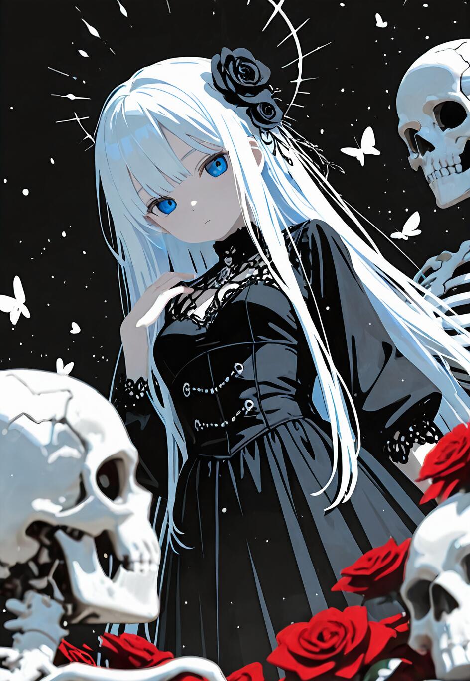 An anime girl with long white hair and blue eyes wears a black gothic dress, standing among white skeletons, skulls, and red roses against a dark background with butterflies.