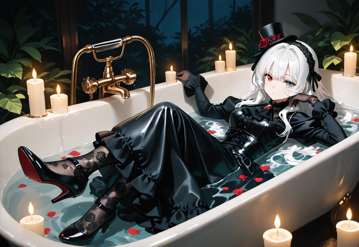 An anime-style girl with white hair and different colored eyes lying in a bathtub fully clothed in a black gothic dress, surrounded by glowing candles and red rose petals.