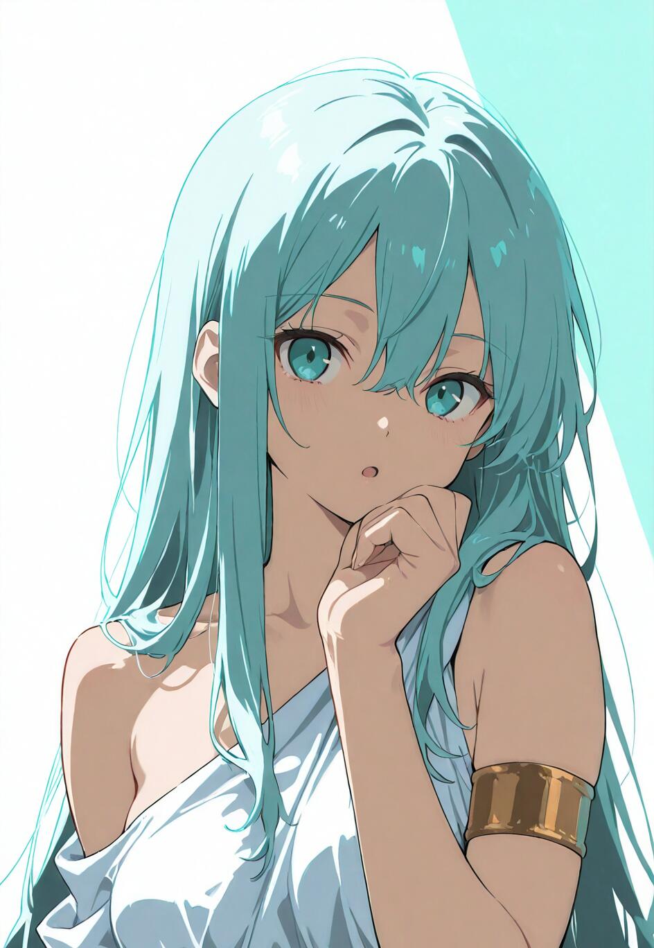 An anime girl with long aqua hair and eyes, wearing a white toga and a gold armlet, looks at the viewer with a curious expression, her hand resting on her chin.