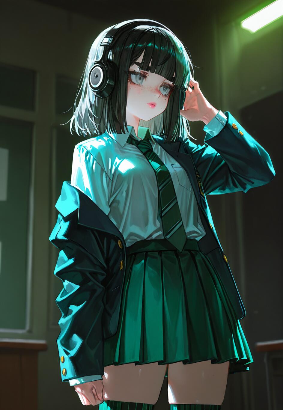 An anime girl with short black hair and grey eyes wearing a green school uniform and black headphones. She stands in a dimly lit room under a green light, holding one side of her headphones and looking away with a thoughtful expression.