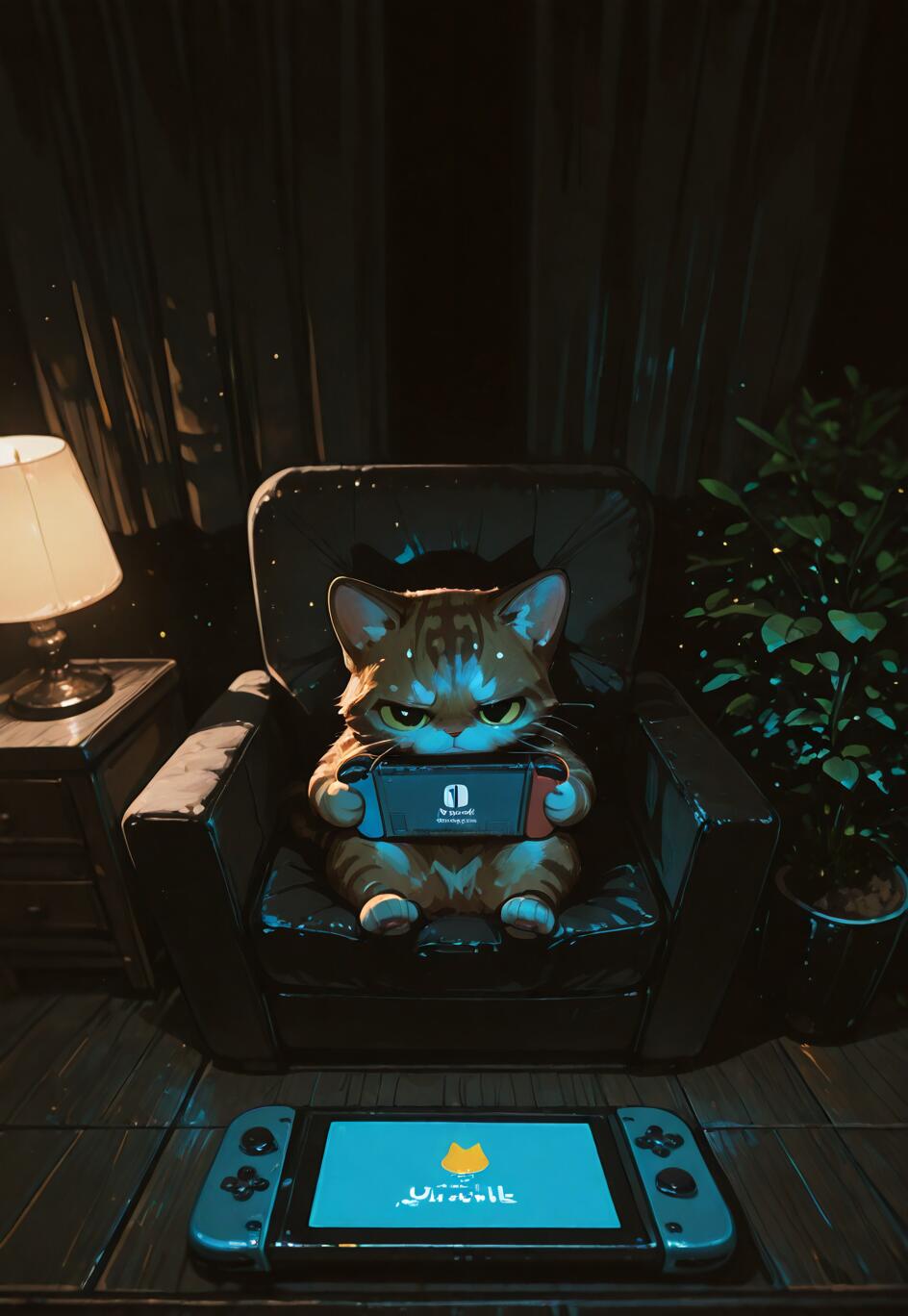 An orange tabby cat with a grumpy expression sits in a black armchair in a dimly lit room, intensely playing a handheld video game console. A lamp provides warm light, and another console lies on the floor.