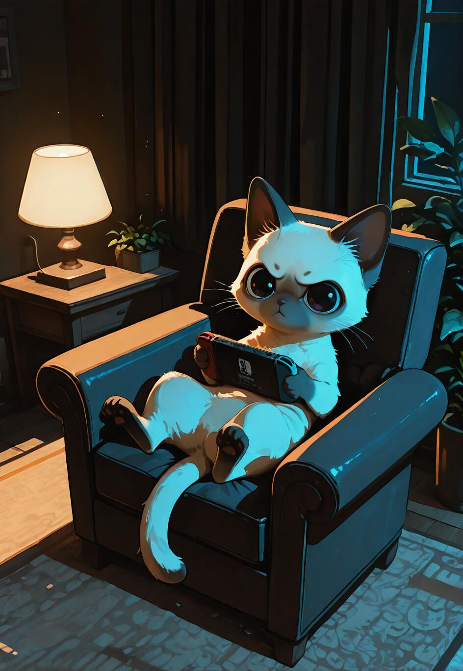 A cartoon Siamese cat with a grumpy expression and big eyes sits in an armchair, intently playing a handheld video game in a dark room illuminated by a single lamp.