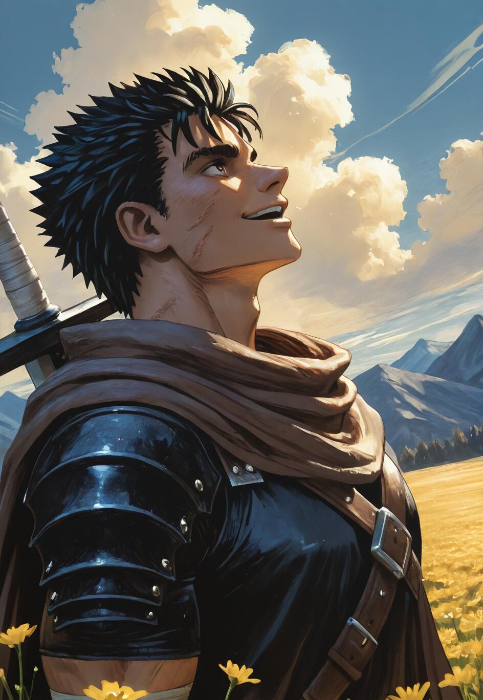 A portrait of Guts from the manga Berserk, smiling peacefully as he looks up at a blue sky with fluffy clouds. He is standing in a field of yellow flowers with mountains in the background, wearing his armor and a brown cape.