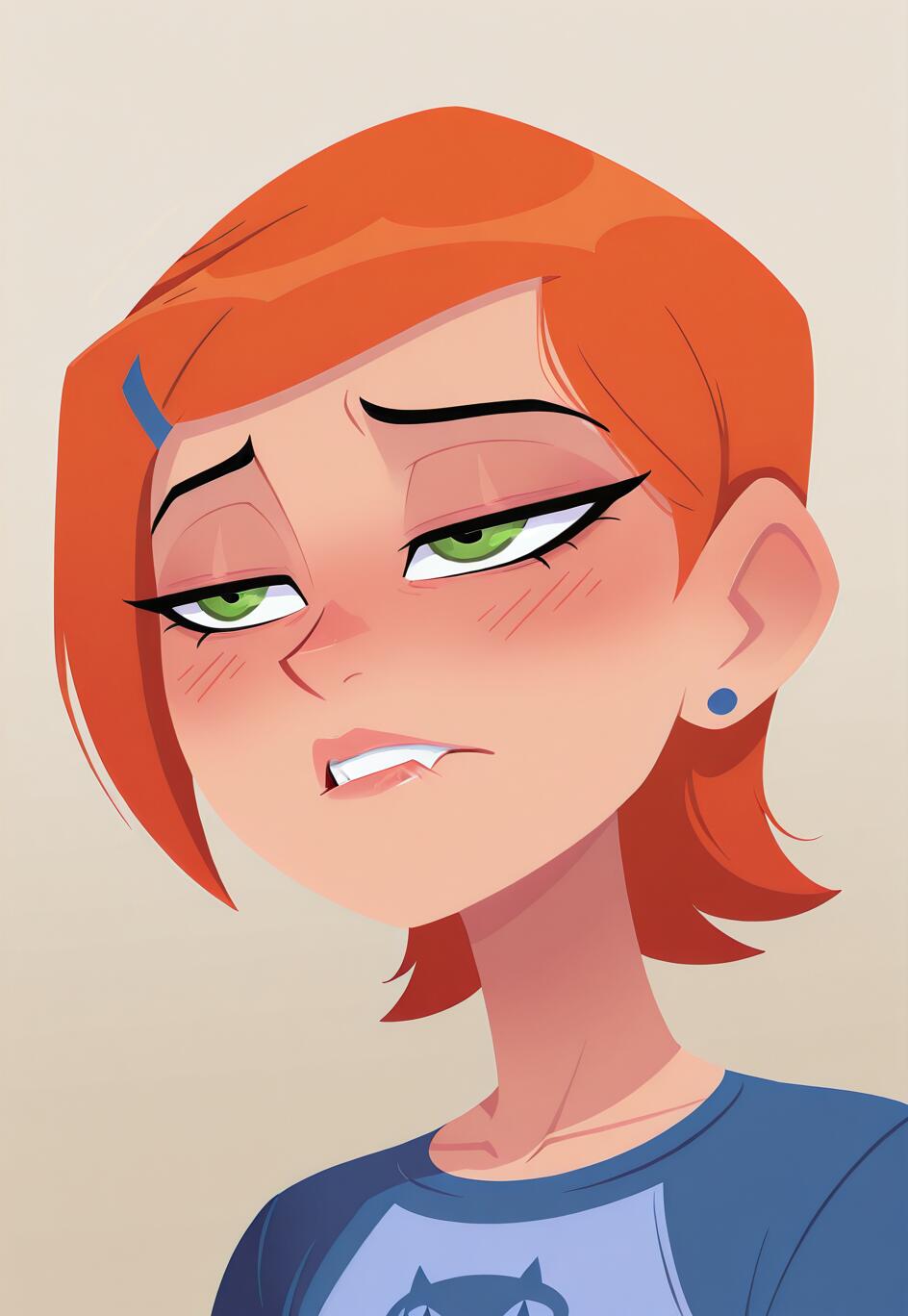 A stylized digital illustration of Gwen Tennyson from Ben 10, shown from the chest up. She has short orange hair, green eyes, and is blushing heavily. Her eyes are half-closed and she is biting her lip in an expression of relief.