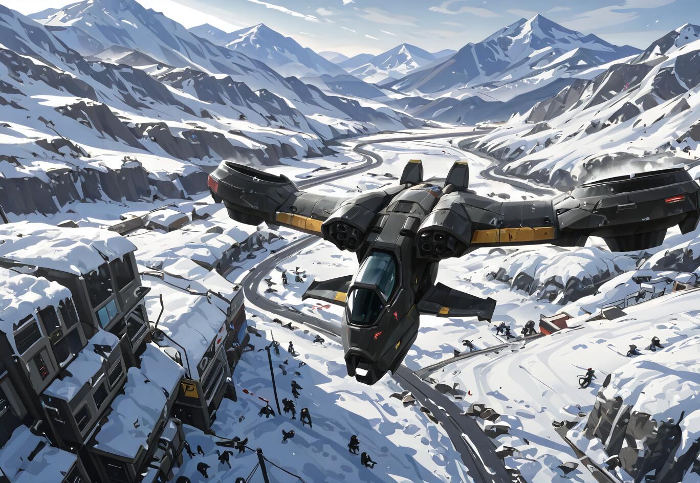A futuristic AV-14 Hornet gunship from the Halo series flies low over a snow-covered mountain valley where soldiers are engaged in combat near a small outpost.