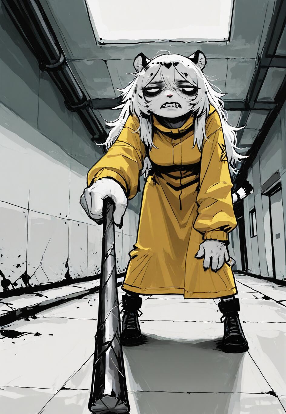An anime-style illustration of Hannah from Mahjong Soul, a white tiger girl with white hair, wearing a yellow coat and holding a baseball bat in a grim hallway. The shot is from a low angle, making her appear intimidating.