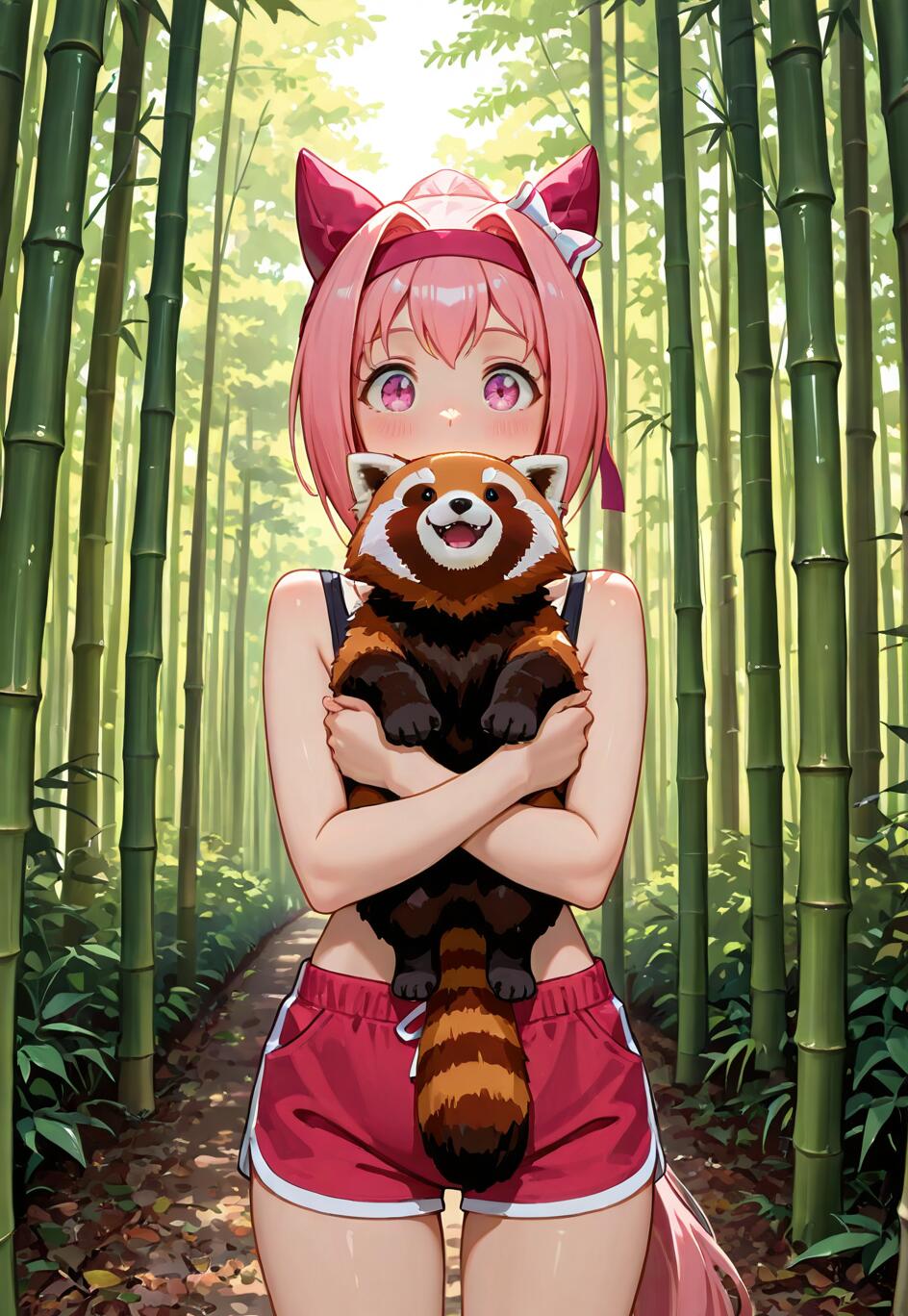 An anime-style illustration of Haru Urara from Uma Musume, a girl with pink hair and ears, wearing red shorts and standing in a bamboo forest while holding a cute, smiling red panda.