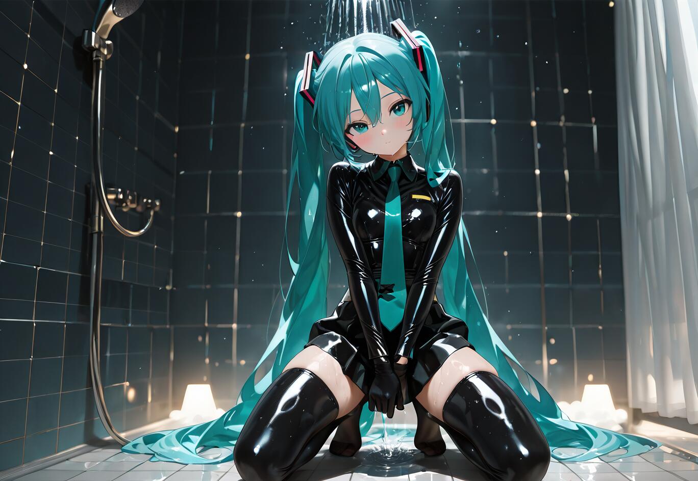 Hatsune Miku with long turquoise hair kneeling in a dark shower. She is wearing a shiny, wet black latex outfit with a green tie, and water is falling on her.
