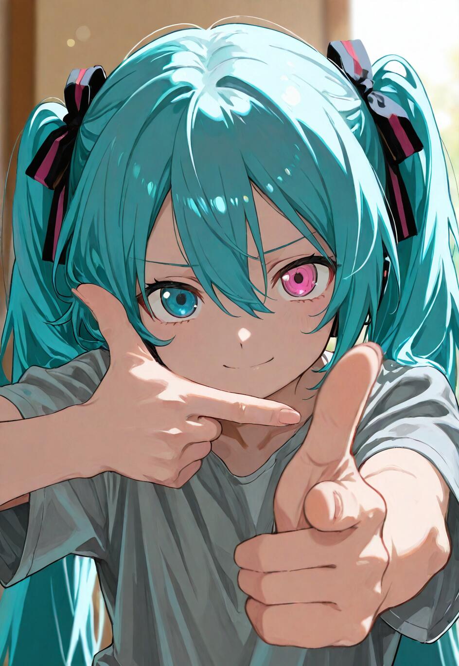 Hatsune Miku with long turquoise hair, one blue eye and one pink eye, wearing a grey shirt and playfully making a finger gun gesture towards the camera.