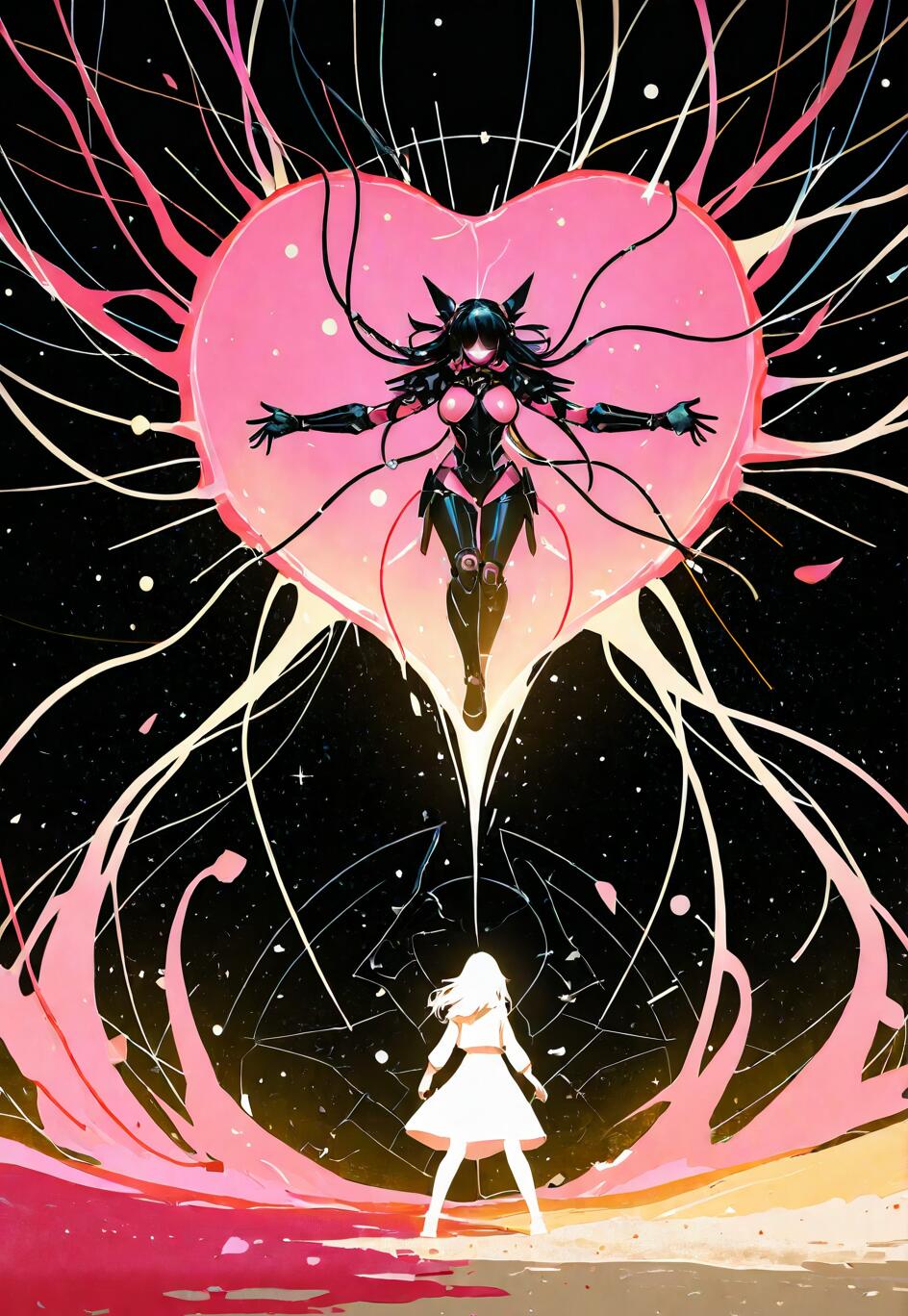 An anime-style illustration of a small girl in a white dress looking up at a large, floating female cyborg in black armor. The cyborg is positioned in front of a giant, glowing pink heart in a dark, starry sky, with tendrils of light swirling around them.