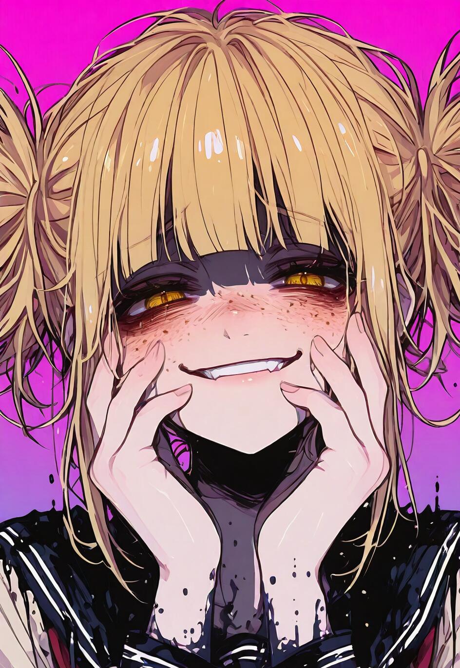 An anime-style portrait of Himiko Toga from My Hero Academia. She has messy blonde twin buns, gold eyes, and a wide, toothy grin. Her hands are on her cheeks, and her expression is unsettlingly joyful.