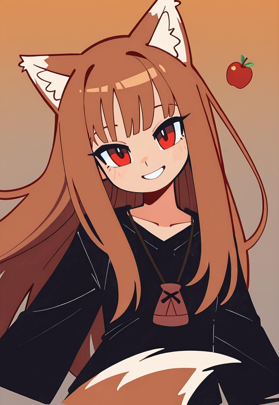 A digital illustration of Holo from Spice and Wolf, an anime girl with long brown hair, red eyes, and wolf ears. She is smiling cheerfully, wearing a black tunic and a small pouch necklace, with a red apple floating next to her against an orange gradient background.