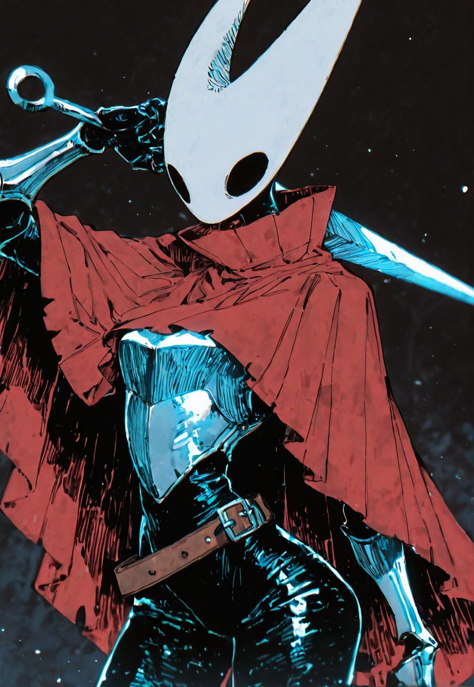 A digital illustration of Hornet from Hollow Knight. She is wearing detailed metallic armor and a red cloak, holding her needle weapon over her shoulder against a dark, starry background.