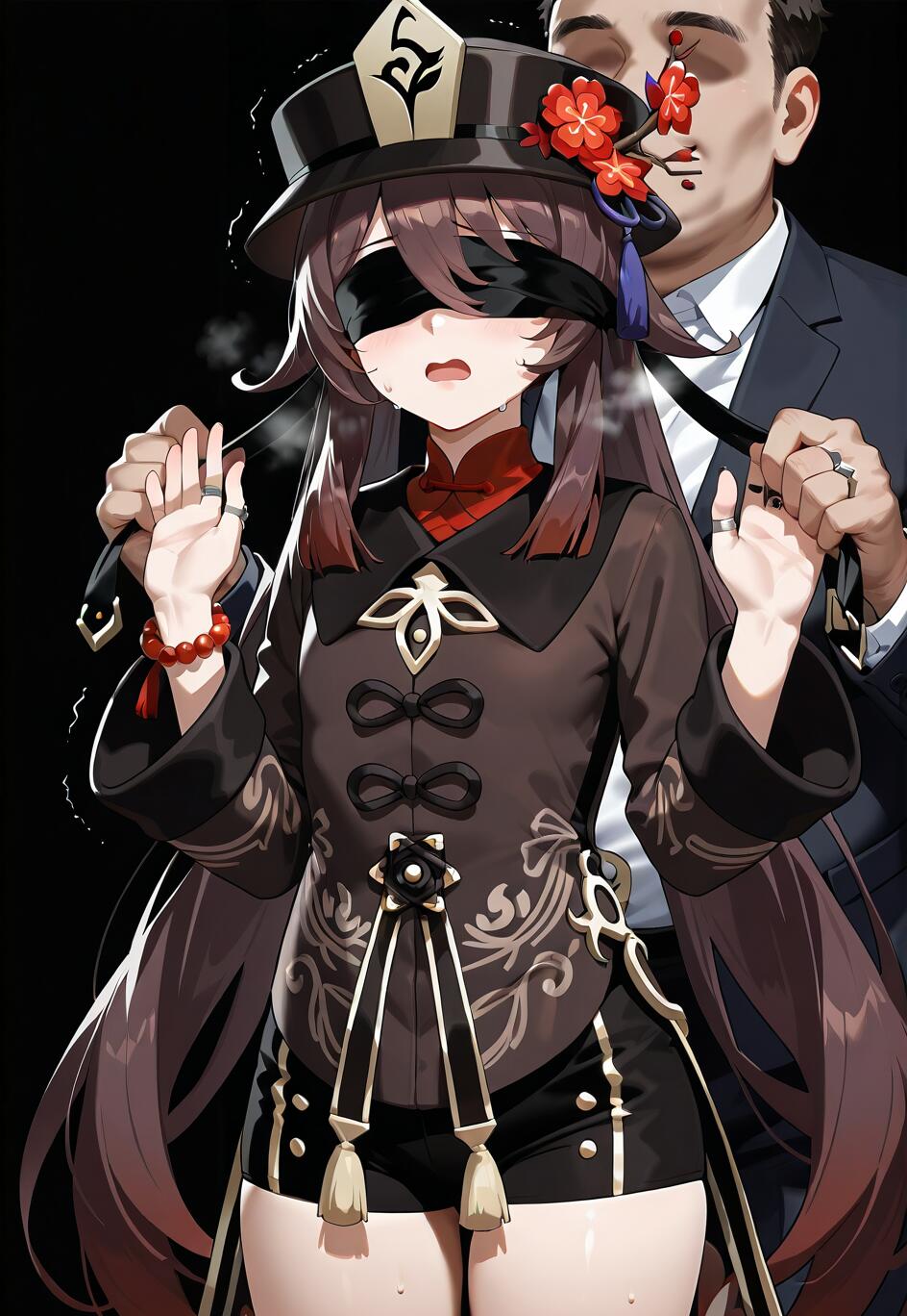 Fan art of Hu Tao from Genshin Impact being blindfolded from behind by a man in a dark suit. She looks anxious and is trembling as he holds the blindfold in place.