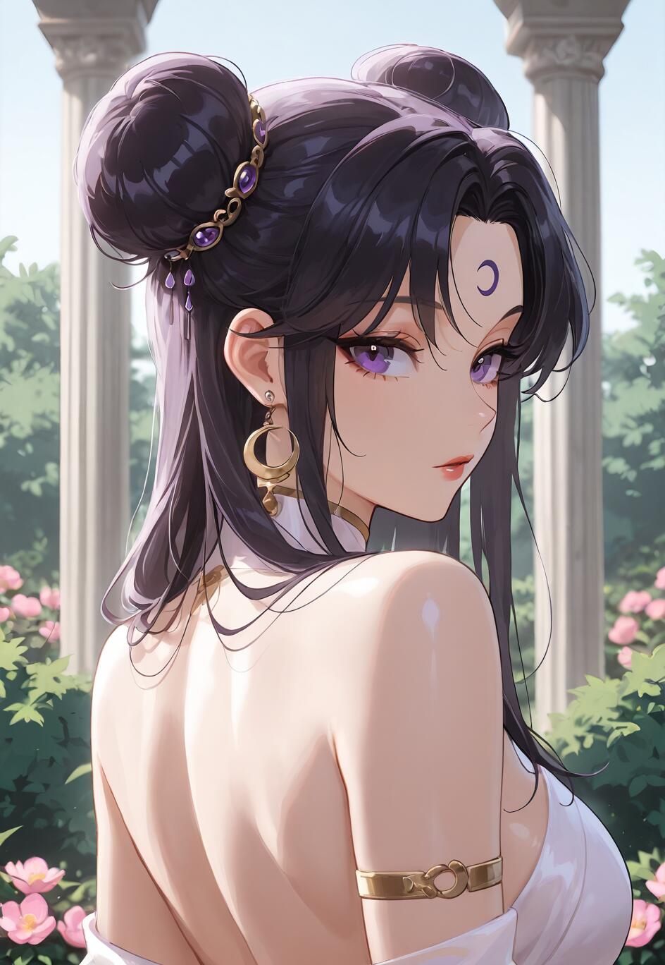 An anime-style illustration of Human Luna from Sailor Moon looking back over her shoulder. She has dark purple hair in double buns with a crescent moon mark on her forehead, purple eyes, and wears an elegant white dress and gold jewelry in a beautiful garden with classical pillars.