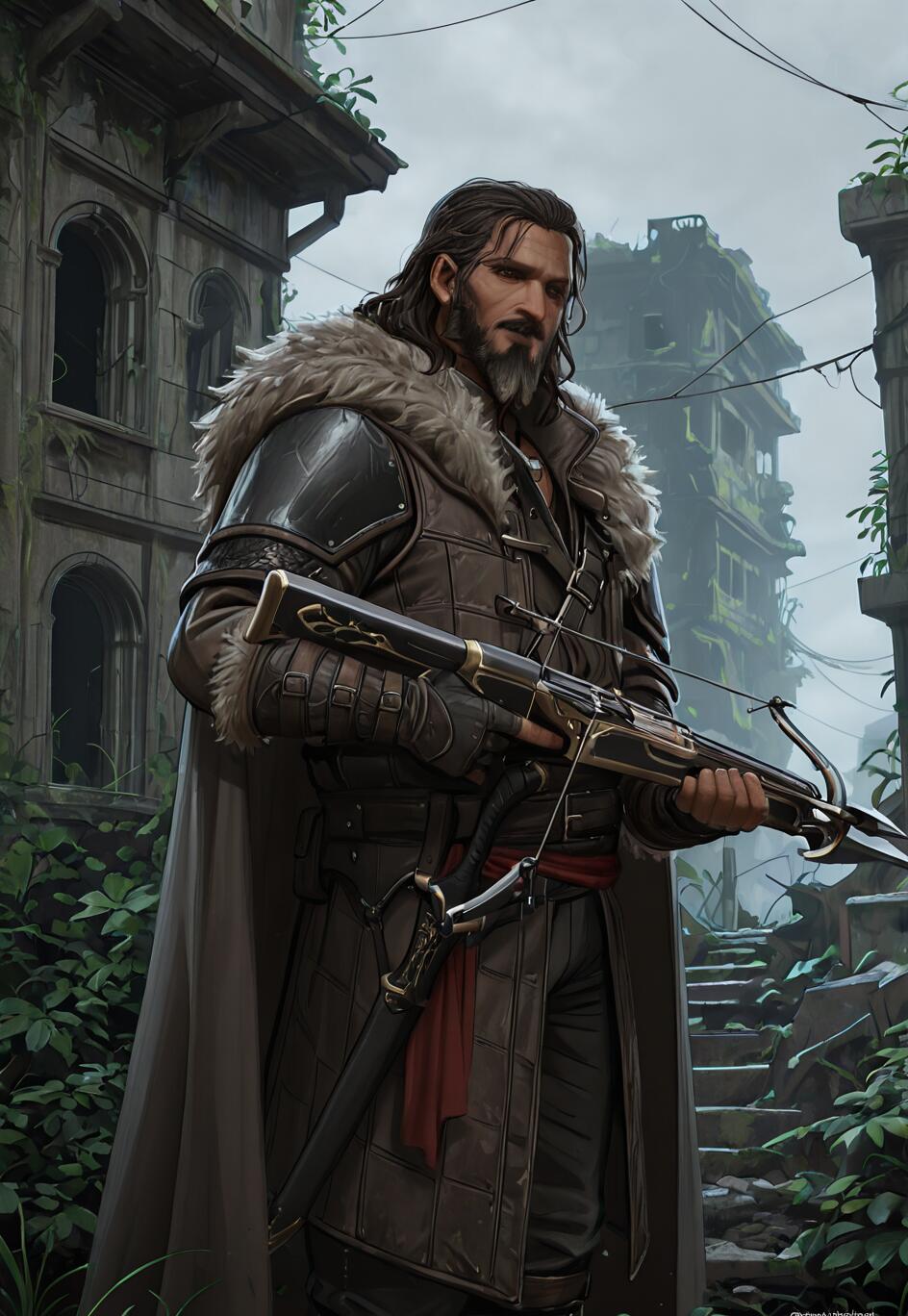 A rugged man with long dark hair and a beard, identified as Ifan ben-Mezd, stands in a ruined city. He wears leather armor with a fur collar and holds a large crossbow, looking off to the side with a serious expression.
