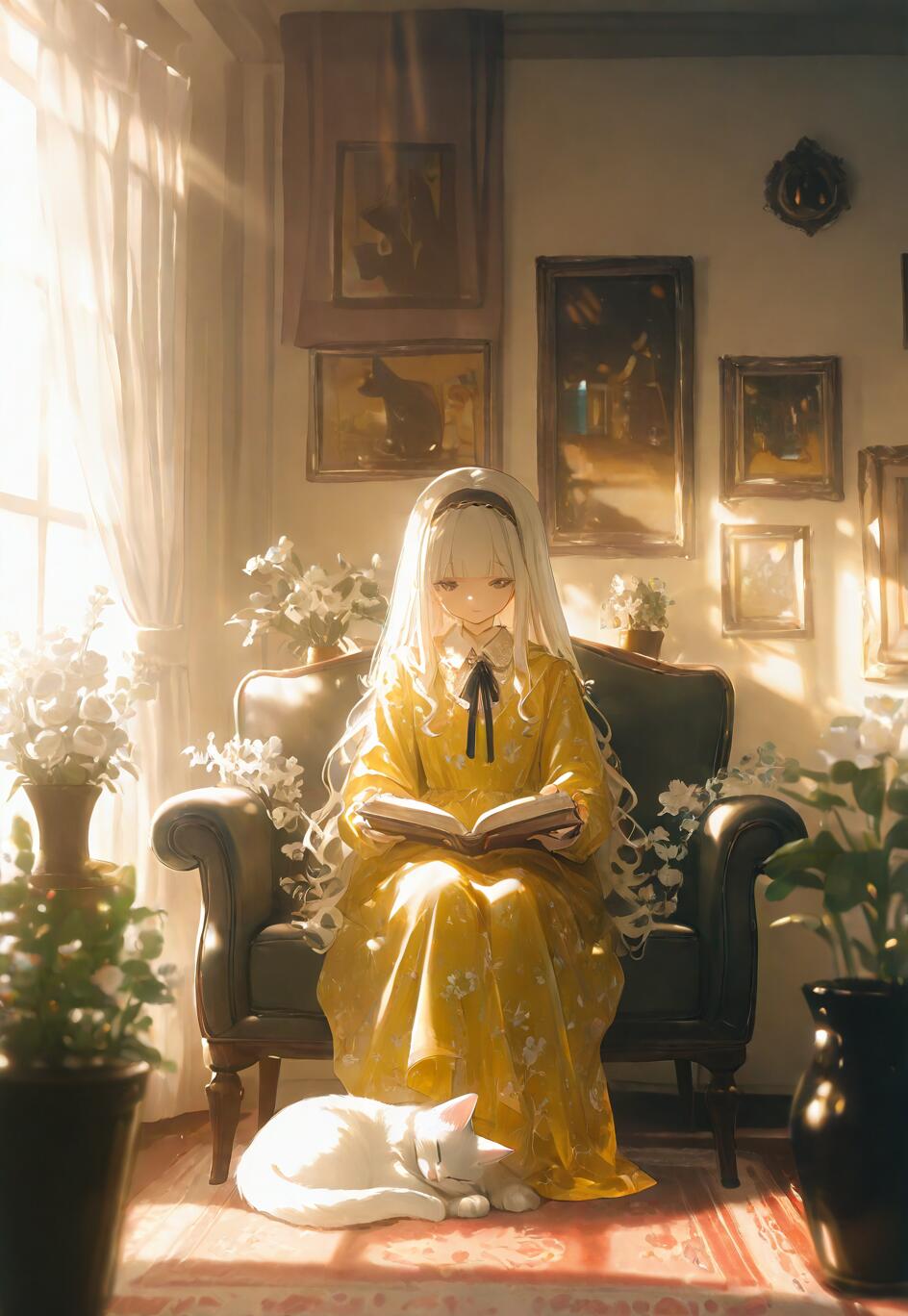 An anime-style illustration of Illustrious from Azur Lane, a young woman with long white hair, sitting in an armchair and reading a book. She wears a yellow dress. Sunlight streams into the room from a window, and a white cat sleeps on the rug beside her.