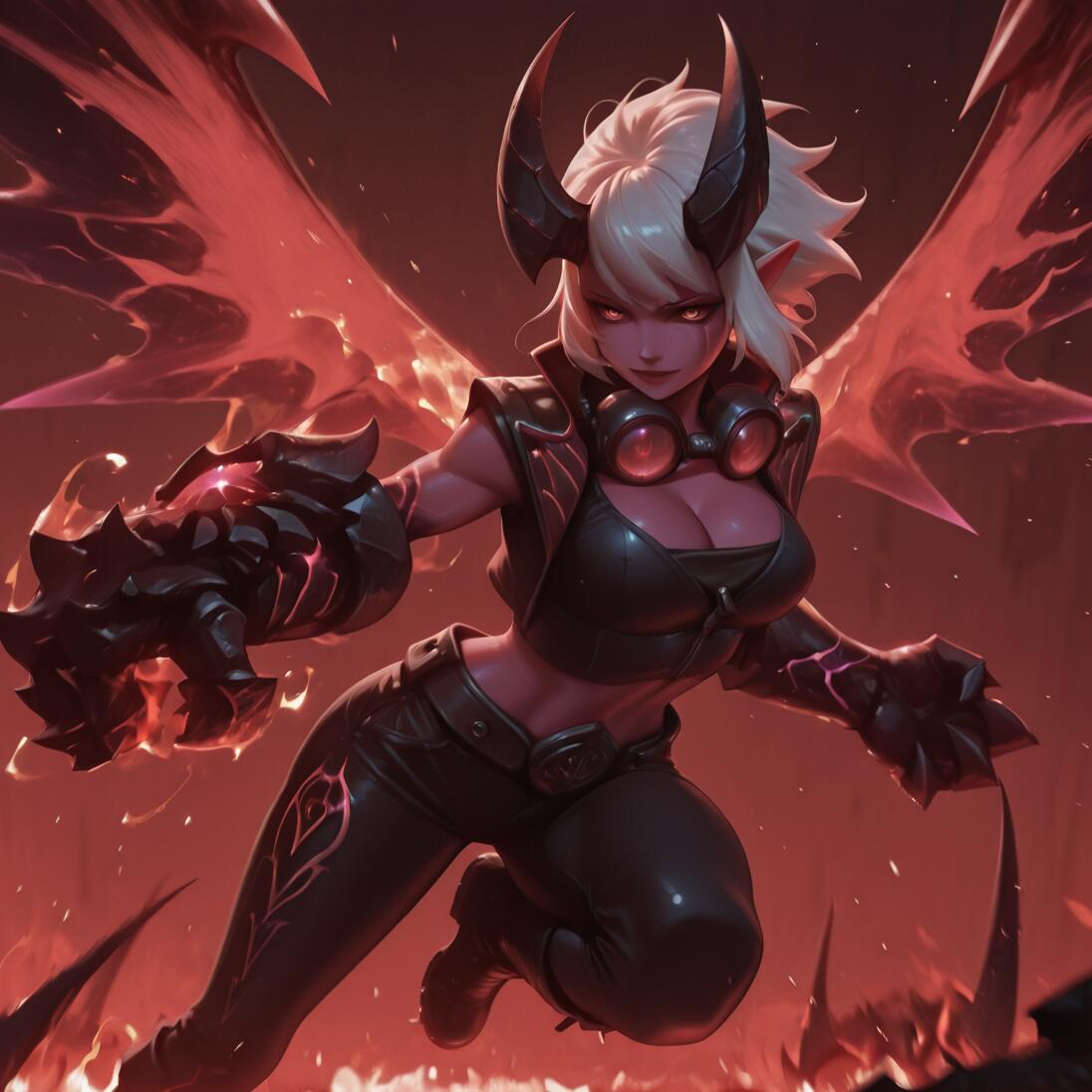 A digital illustration of Demon Vi from League of Legends, a powerful demon girl with white hair, pink skin, large horns, and glowing red wings, lunging forward with a massive gauntlet in a fiery landscape.