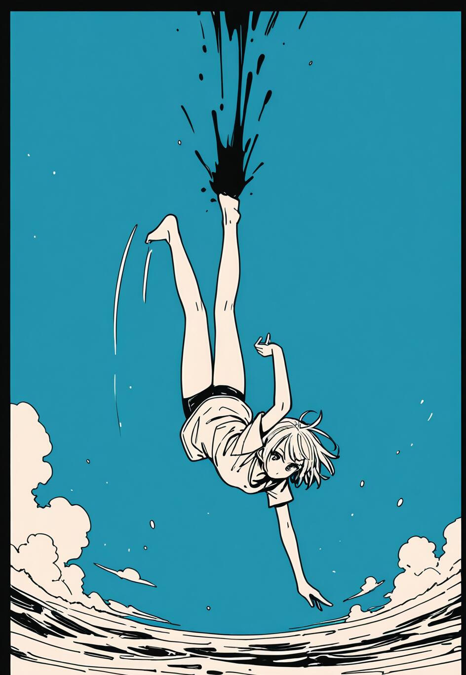 A young anime-style woman with short light hair falling headfirst against a solid blue sky. A large black ink splash originates from above her feet. She wears a t-shirt and shorts and reaches one hand down towards stylized clouds at the bottom of the frame.