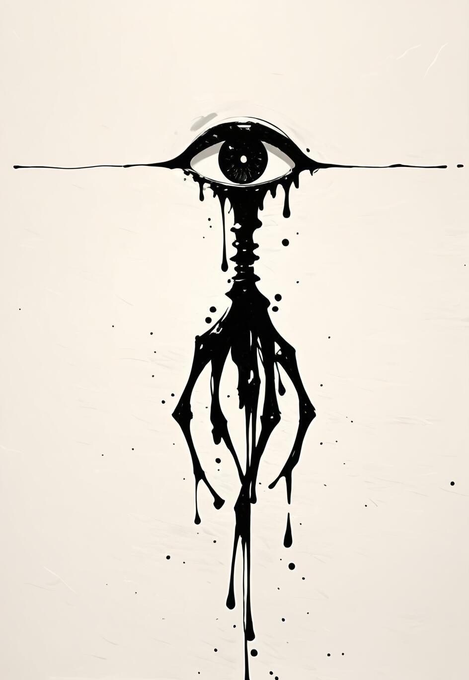 A minimalist black ink illustration of a single, stylized eye on an off-white background. The eye is crying thick black tears that morph into a dripping, skeletal, claw-like structure below.