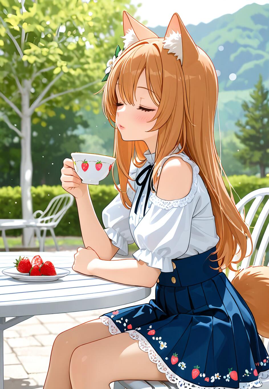 Iochi Mari from Blue Archive, an anime girl with fox ears and long orange hair, sitting at an outdoor table in a blue strawberry-print skirt and white blouse, holding a teacup with her eyes closed.