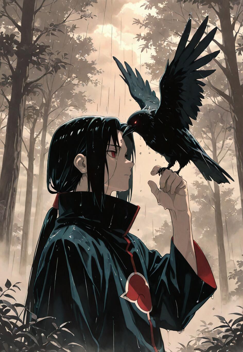 Itachi Uchiha from Naruto stands in profile in a rainy forest, wearing his black and red Akatsuki cloak. He holds up his hand, and a large black crow with red eyes is perched on his finger, looking at him.