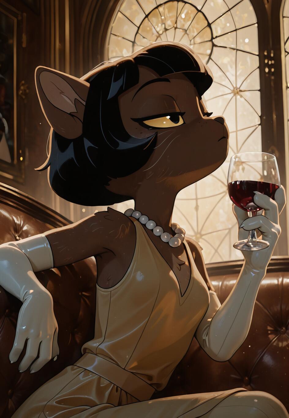 An anthropomorphic brown cat with short black hair, identified as Ivy Pepper, sits on a leather couch. She wears a yellow dress, pearl necklace, and white gloves, holding a glass of red wine and looking to the side with a bored expression in an Art Deco room.