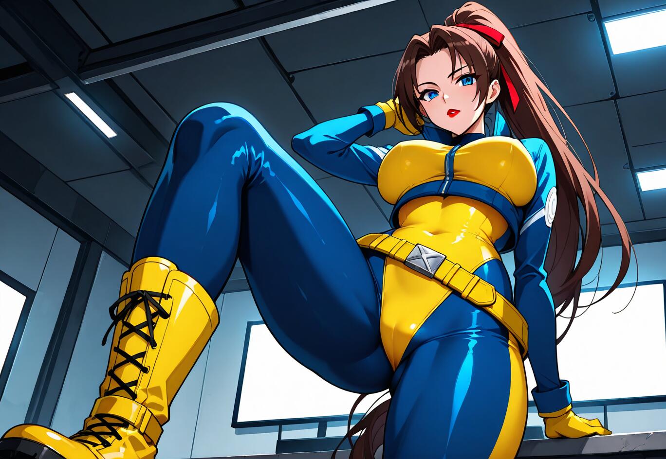 A low-angle view of the X-Men's Jean Grey in her classic blue and yellow training bodysuit, posing confidently with long brown hair in a ponytail.