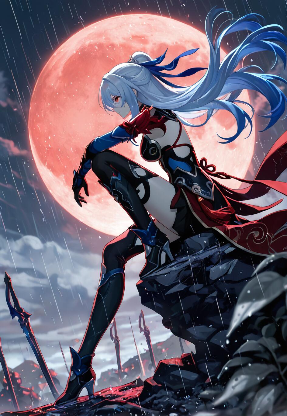 Jingliu from Honkai: Star Rail, a woman with long light-blue hair, sits on a rock on a battlefield at night. A giant red moon hangs in the rainy sky behind her, and multiple swords are stuck in the ground around her.