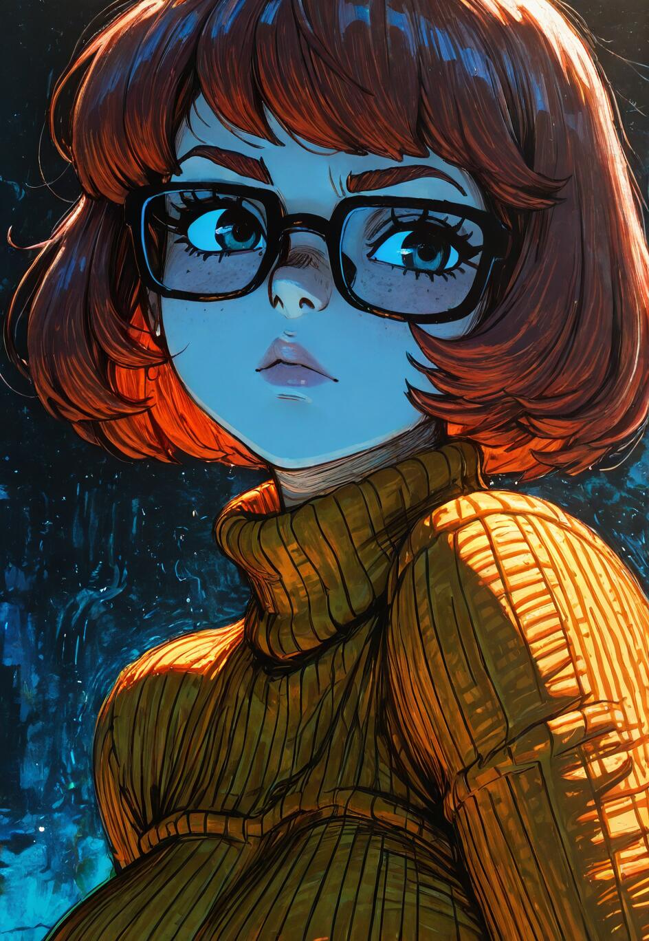 A close-up artistic illustration of Velma from Scooby-Doo, with short brown hair and glasses, wearing her signature orange turtleneck sweater and looking thoughtfully at the viewer with a serious expression.