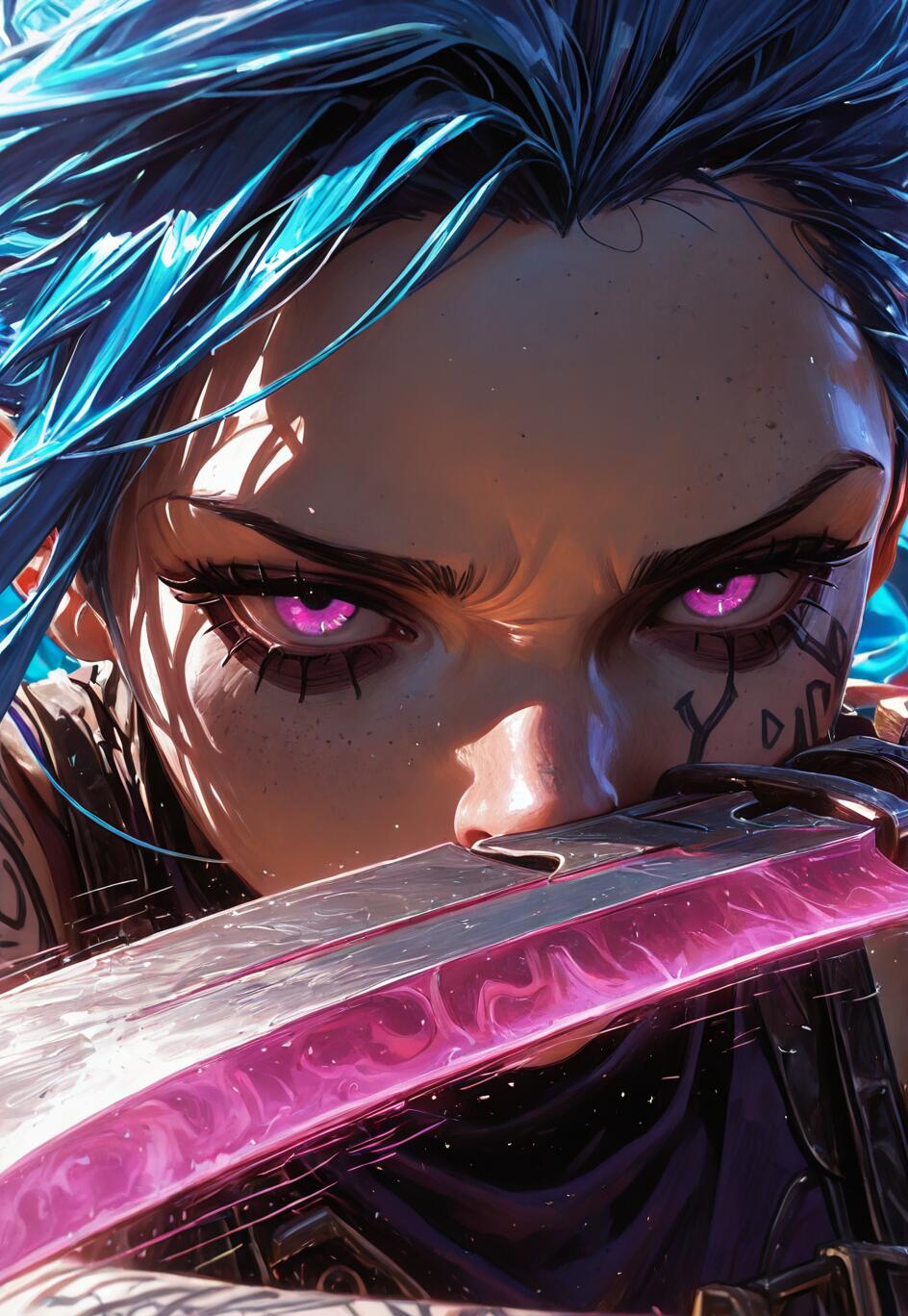 A close-up illustration of Jinx from Arcane, her face partially obscured by a large blade. She has bright blue hair, intense glowing pink eyes, and a determined expression.
