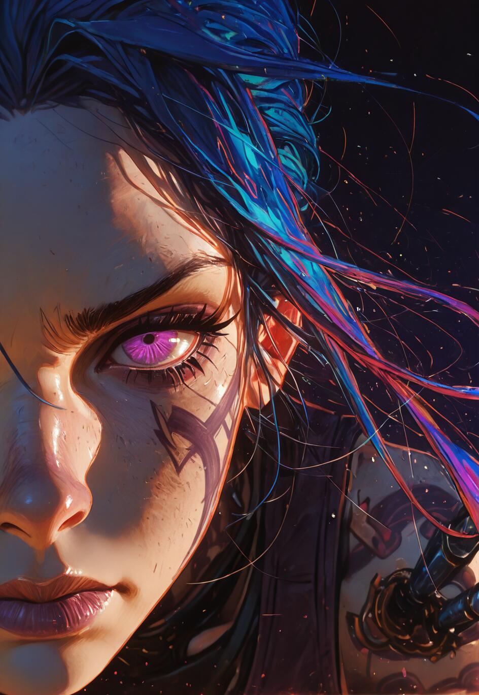 A close-up digital illustration of the left side of Jinx's face from Arcane. She has vibrant blue and purple hair, an intense expression, and glowing magenta eyes. A dark tattoo is visible on her cheek.