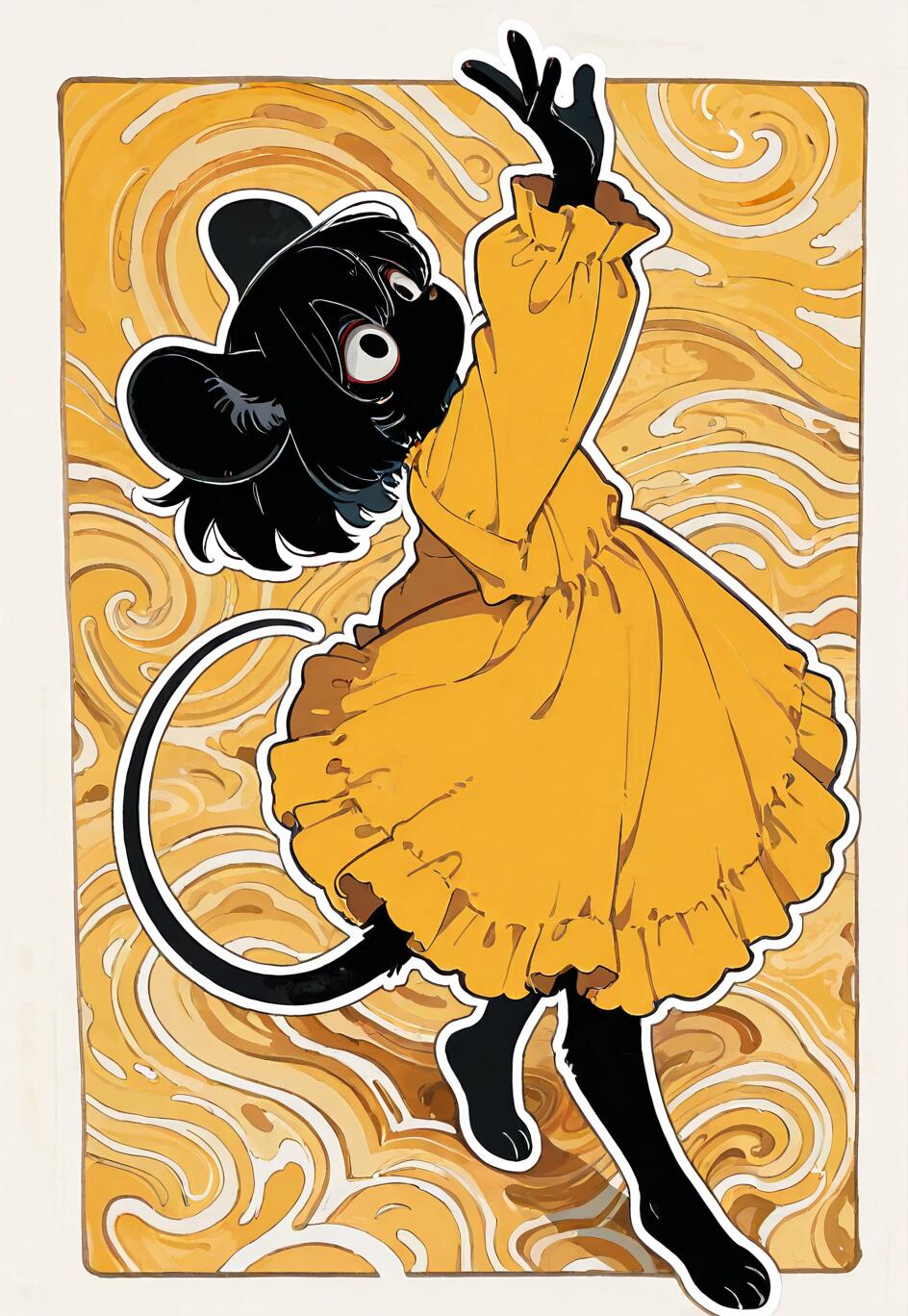A digital illustration of a cartoonish black mouse girl wearing a flowing yellow dress, dancing against a swirly yellow and cream background.