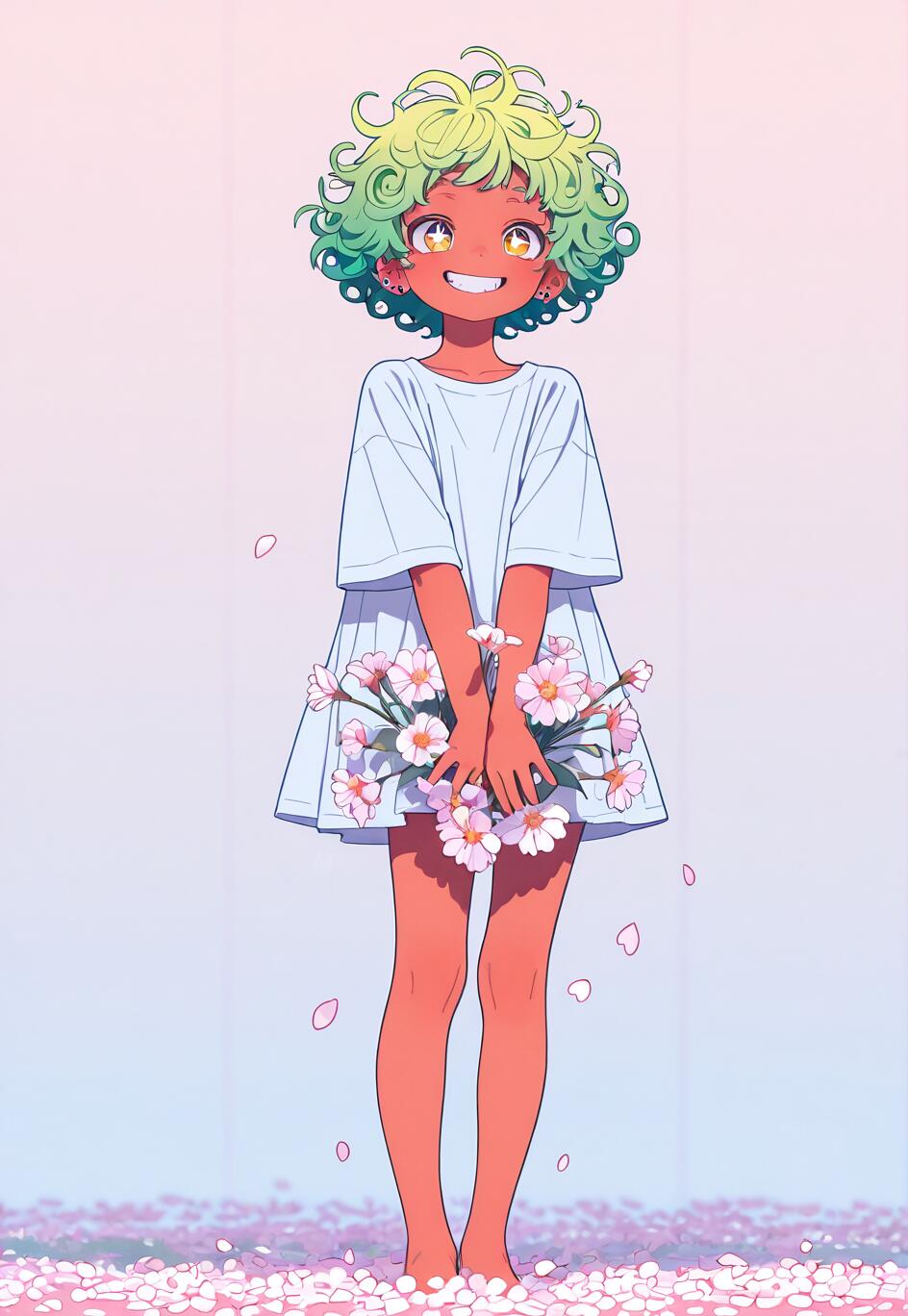 An anime illustration of a happy, tan-skinned character with short, curly green hair and yellow star-shaped eyes, holding a bouquet of pink and white flowers while standing barefoot on a bed of petals.