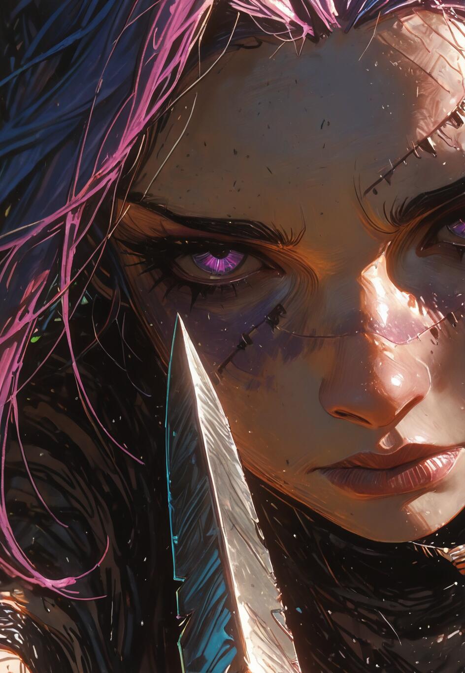 A close-up digital painting of Kai'Sa from League of Legends, a woman with dark hair, pink streaks, and glowing purple eyes, holding a large knife to her face with a determined expression.