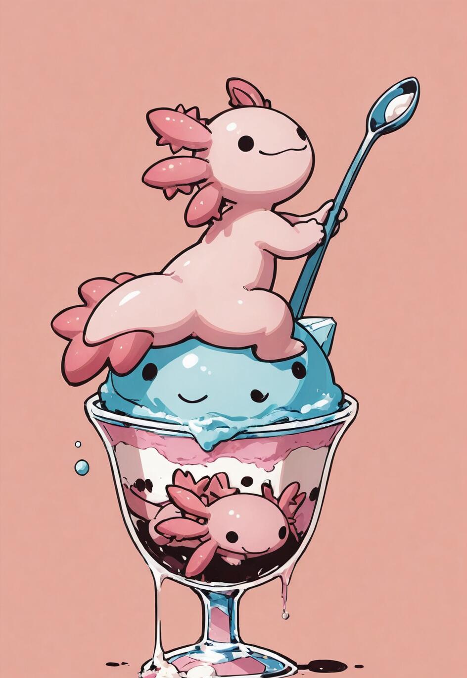 A cute pink axolotl sits on top of a blue ice cream sundae in a glass, holding a spoon. A smaller pink axolotl is inside the glass in the chocolate sauce layer.