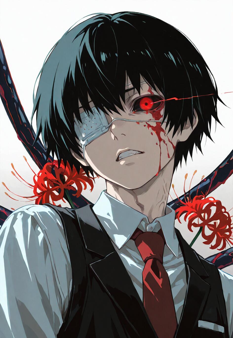 An illustration of Ken Kaneki from Tokyo Ghoul with black hair, an eyepatch, and one glowing red ghoul eye. He is splattered with blood and surrounded by red spider lilies and his kagune.