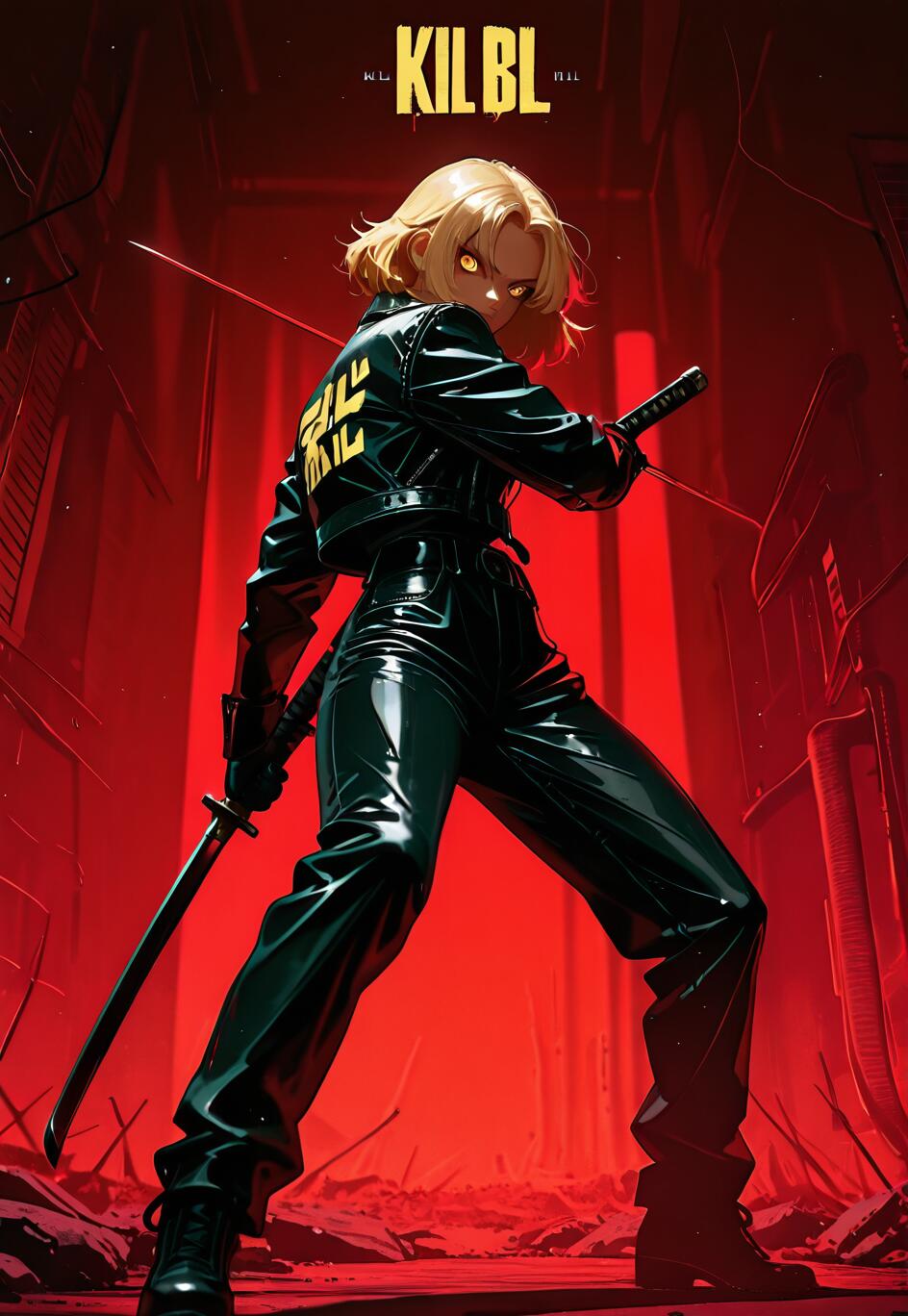 A full-body illustration of a blonde anime woman in a black leather outfit holding a katana. She stands in a low-angle shot against a stark red background, with the text 'KIL BL' at the top.