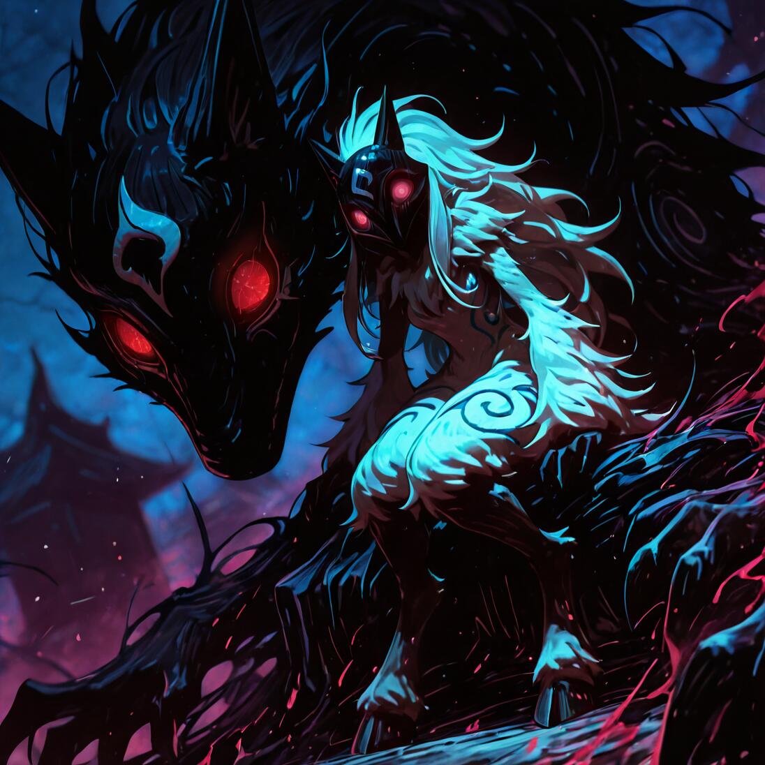 A digital illustration of the League of Legends character Kindred. Lamb, a white-furred humanoid with a mask and hooves, crouches next to her companion, Wolf, a large, shadowy wolf spirit. Both have glowing red eyes against a dark, blue and pink-lit background.