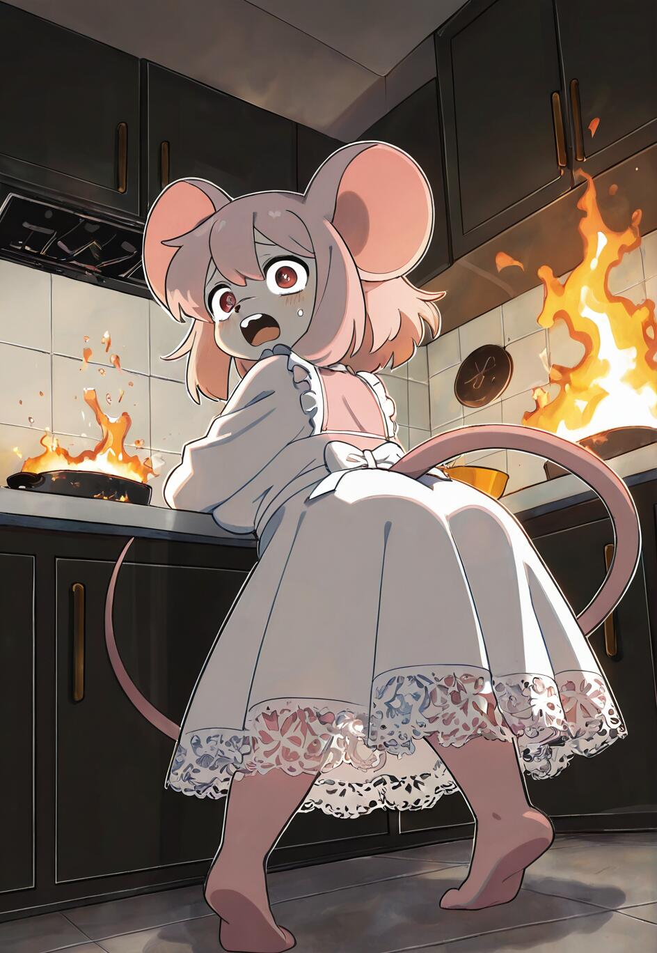 An anime-style mouse girl with pink hair and a white dress looks over her shoulder with a panicked expression as two pans on the kitchen stove behind her are on fire.