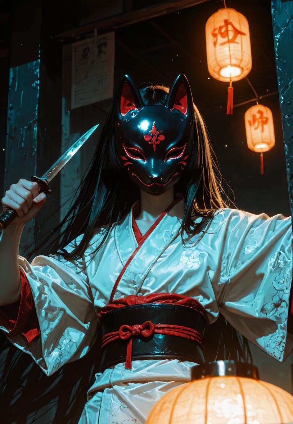 A woman wearing a black and red Japanese fox mask and a white kimono holds a dagger in a dark alley illuminated by hanging paper lanterns.