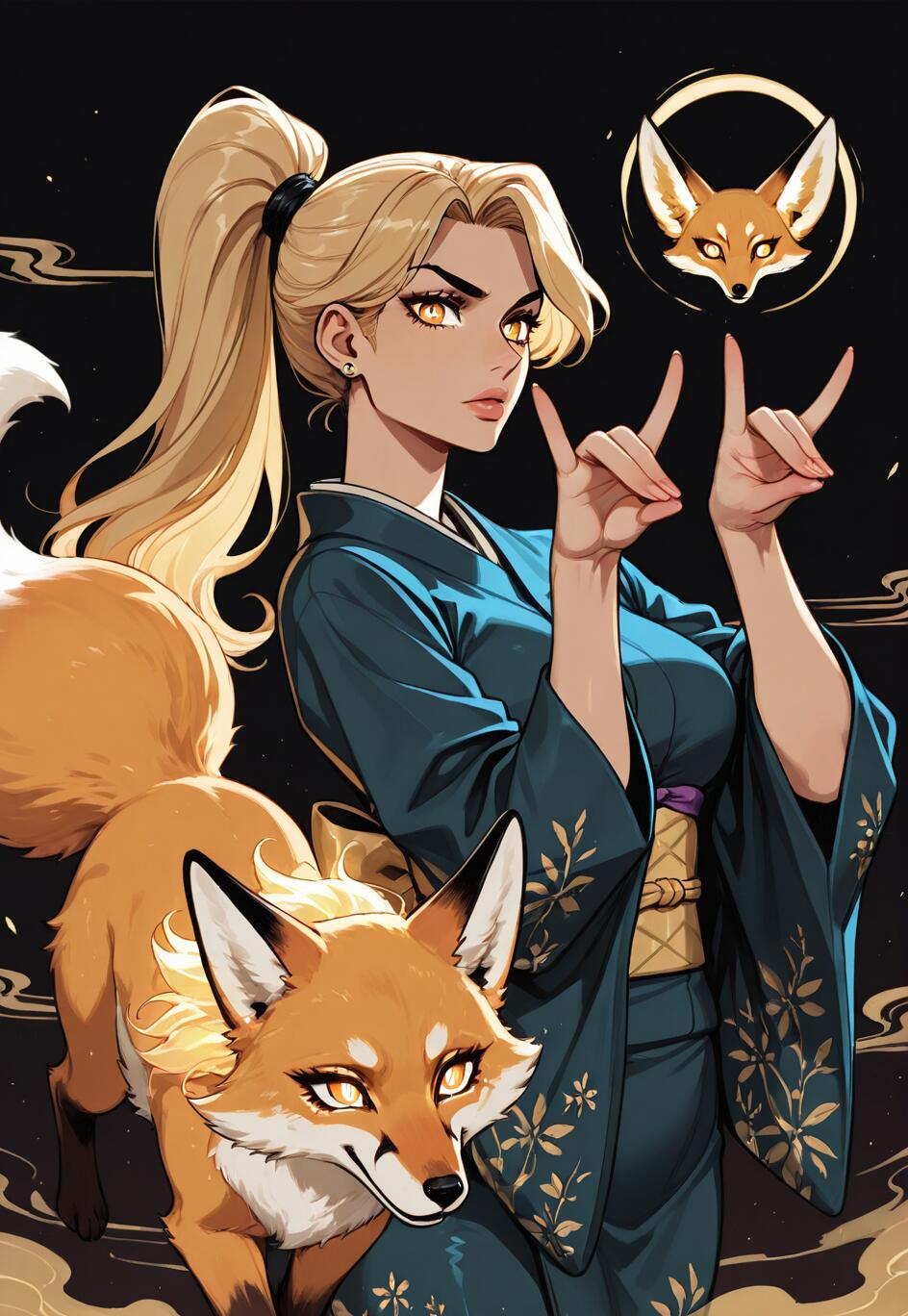 An anime-style illustration of a blonde woman in a blue kimono making a fox hand sign, accompanied by a red fox and a glowing fox spirit in the background.